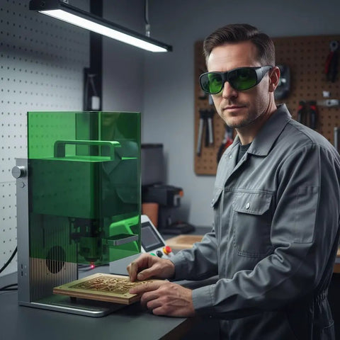 Man wearing Heavy Duty Laser Engraver Safety Glasses Built Different To Deliver Killer Eye Protection Against 450 Nm Blue Light and 1064 Nm Nd Yag Beams While Meeting Ce En207 Rules, working with a laser engraver.