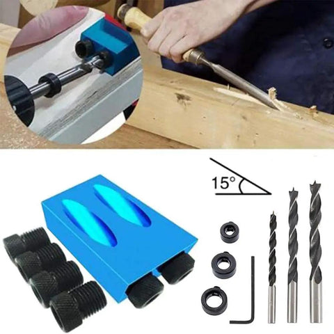 Essential 14 Piece Pocket Hole Jig Drill Kit With 15 Degree Dowel Joinery Set Includes 6mm 8mm 10mm Drill Bits featured in use