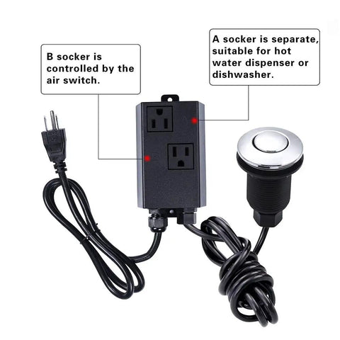 Stainless Steel Brushed Nickel Garbage Disposal Air Switch Kit with dual outlets, A socket and B socket labeled, flexible button mount.