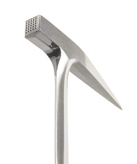 Close-up of Rock Pick Hammer 13 Oz Field Geology Tool with milled face and forged construction, USA made.