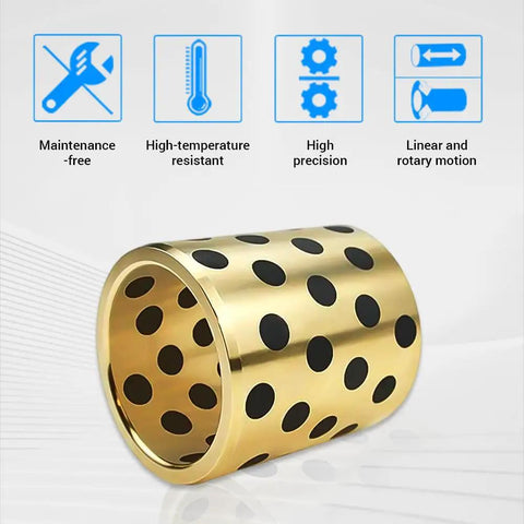 Pro Grade Brass Graphite Sleeve Bearings Featuring Slick Self Lube Design And Zero Friction Glide Perfect For Sliding Machinery Parts And Workshop Upgrades Sized At 17Mm Bore 23Mm OD X 30Mm showing a gold bushing with black dots.