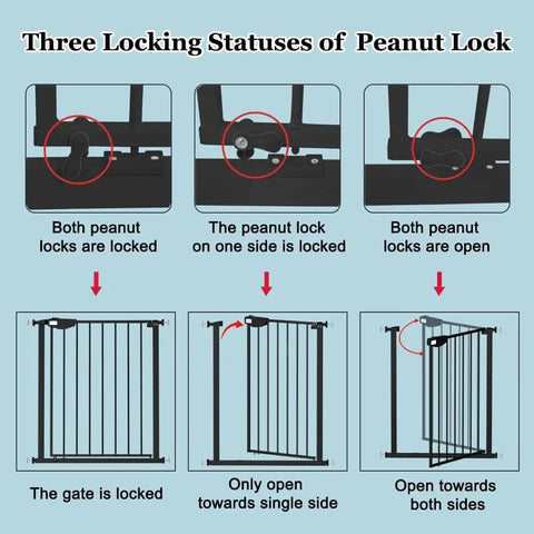 Diagram showing the three locking statuses of the Triple Lock Baby Gate, Extra Wide 44.5 To 48 Inch, pressure mounted safety gate.