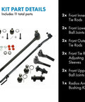 Front Steering And Suspension Kit With Radius Arm Bushings Inner And Outer Tie Rods Upper And Lower Ball Joints And Tie Rod Adjusting Sleeves For A Solid Ready To Roll Ride, 11-piece set