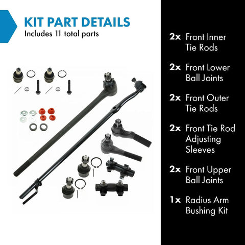 Front Steering And Suspension Kit With Radius Arm Bushings Inner And Outer Tie Rods Upper And Lower Ball Joints And Tie Rod Adjusting Sleeves For A Solid Ready To Roll Ride, 11-piece set