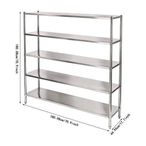 Built Tough Five Tier Stainless Steel Storage Rack Heavy Duty Adjustable Metal Shelving Unit Designed For Heavy Hauls And Home Organization With 330 Pound Capacity Per Shelf Garage Ready Silver Finish, side view with dimensions shown.