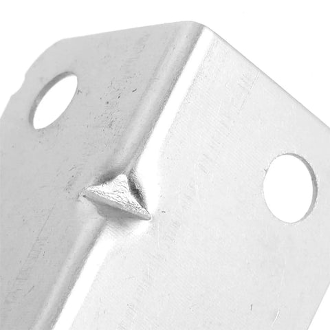 Close-up of beefy heavy duty L shaped corner bracket in cold rolled steel with holes