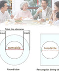 Premium Lazy Susan Turntable For Dining Table, Round Glass Tray with family enjoying shared meal, dimensions shown.