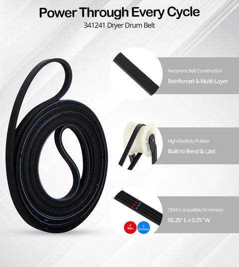 Dryer Repair Kit With Drum Roller Idler Pulley And Belt For Whirlpool Kenmore Maytag showing durable belt, pulley, and dimensions