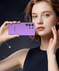 Woman holding a Galaxy S26 Ultra with Camera Lens Protector 9H Hardened Glass, focusing on ultra thin design and aluminum ring.