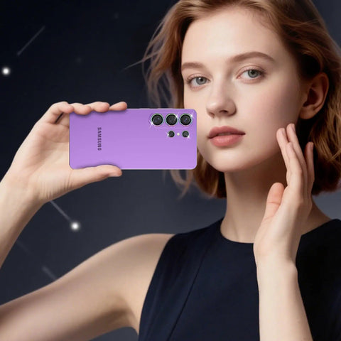 Woman holding a Galaxy S26 Ultra with Camera Lens Protector 9H Hardened Glass, focusing on ultra thin design and aluminum ring.