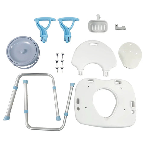 Disassembled parts of 2 In 1 Shower Chair With Commode Bath Bench Inside Shower With Back And Arms Heavy Duty 450lbs Capacity
