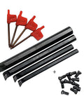 Carbide Turning Inserts And 95 Degree Internal Boring Bar Kit for Steel with 4 bars, 4 wrenches, and 10 screws.