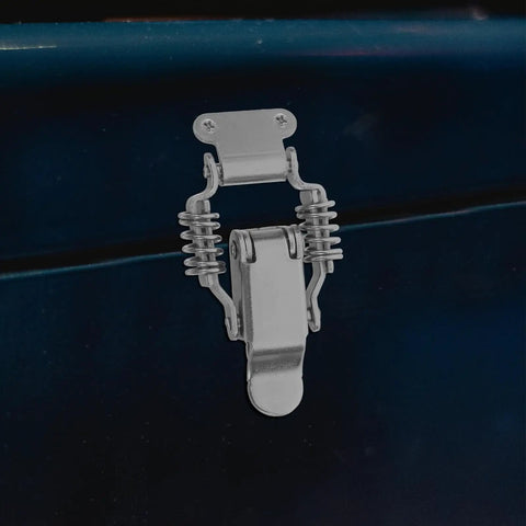Solid 4pc Iron Spring Toggle Latch Clamps With Buckles For Toolboxes And Cabinets Super Durable Heavy Duty Holders To Keep Gear Secure And Safe, silver clamp detail.