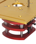 Handy Manual Router Lift Table With Slick Height Adjustments And Rock Solid Locking Grip Super Easy Install For Precision Woodworking Builds That Absolutely Nails The Cut Every Time, showcasing the red and gold components of an adjustable router lift.