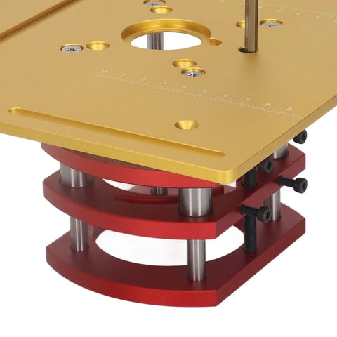 Handy Manual Router Lift Table With Slick Height Adjustments And Rock Solid Locking Grip Super Easy Install For Precision Woodworking Builds That Absolutely Nails The Cut Every Time, showcasing the red and gold components of an adjustable router lift.