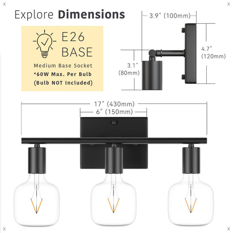 Dope Matte Black 3 Light Vanity Bath Light Over Mirror 60W Max 110V To 220V Metal Wall Fixture Hardwired E26 Base 17 Inch