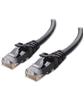 Cat6 Ethernet cable with snagless RJ45 connectors, black, close-up view of plug ends