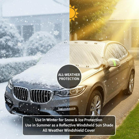 Magnetic Car Snow Cover For Windshield Shield Ice And Snow Auto Protector showing winter and summer use on SUV