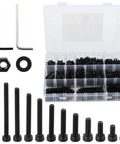 Complete 722 Piece Hex Socket Bolt Nut Washer Kit With M4 Bolts in case with Allen wrenches and varying sizes on display