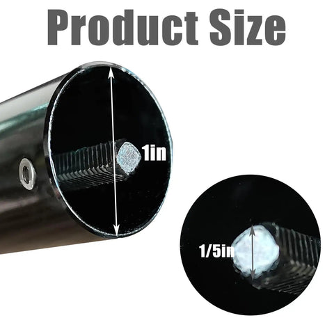 Close-up of gas string trimmer attachment size details showing 1 inch opening for curved and straight shaft trimmers.