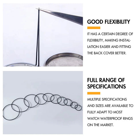 Close-up of 180 Piece Watch Gasket Kit O Rings 18 Sizes 16-30mm Rubber Seals showing flexibility and variety for watch back case repair.