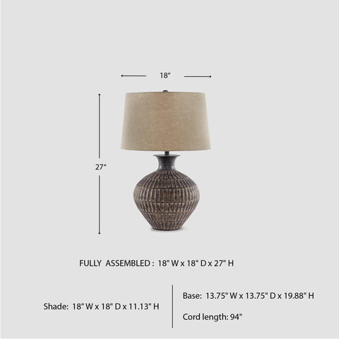 Magan 285 Textured Bronze Metal Table Lamp With Antique Brown Finish and Fabric Drum Shade, 27" tall, front view.