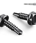 Top Grade 10 Gauge X 3/4 Inch Self Drilling Screws, 58 Pack Black Zinc Hex Washer Head Sheet Metal Fasteners, Durable 410 Stainless Steel With Drive Bit For Tough Building Jobs That Get Done Easy Without Hassle, close-up view of screws and bit.