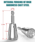 Pro Grade Heavy Duty Wire Nut Twister Drill Bit Attachment Rock Solid Two Piece Set showing high hardness cast steel tools with measurements.