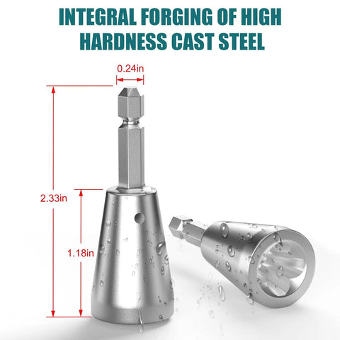 Pro Grade Heavy Duty Wire Nut Twister Drill Bit Attachment Rock Solid Two Piece Set showing high hardness cast steel tools with measurements.