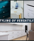 Image showcasing versatile furniture styling with drawers, a table, and kitchen cabinetry in modern designs.