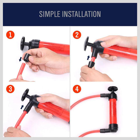 Installation steps for Emergency Siphon Fuel Transfer Pump Kit For Gas Oil And Liquids showing hose connection.