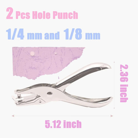 Stainless steel dual hole punch set with 1/4 inch and 1/8 inch holes, handy single hole punch for DIY crafts, ergonomic design.