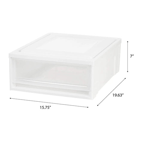 Under Bed Storage Drawer Set 22 Qt Stackable Plastic Organizer Bins With Smooth Glide Sliding Drawers 4 Pack White Durable Made In USA Storage Solution For Bedroom Closet And Toy Rooms, close-up with dimensions