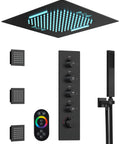 GRANDJOY 20" LED Shower System with Handheld Spray, Matte Black; ceiling-mounted shower head with remote control.