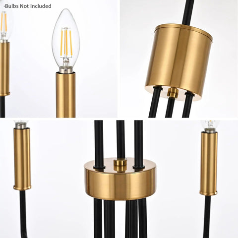 Details of Black And Gold Modern Chandelier With Six Light Arms For Dining Room Farmhouse Style Hanging Light Fixture, brass accents.