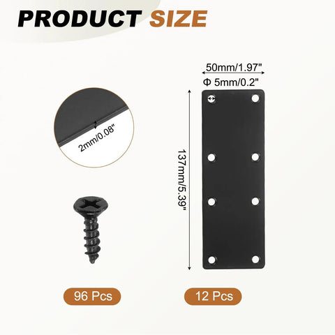 Heavy Duty Black Iron Shelf Brackets Set With Screws, 12 Pack Flat Straight Corner Braces dimensions, 5.39 x 1.97 inch