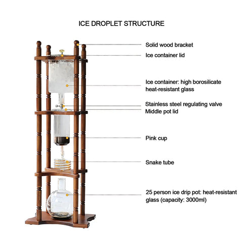 Generous Eighty Four Oz Cold Brew Drip Tower Iced Coffee Maker with hand blown glass vessel and solid wood base structure.