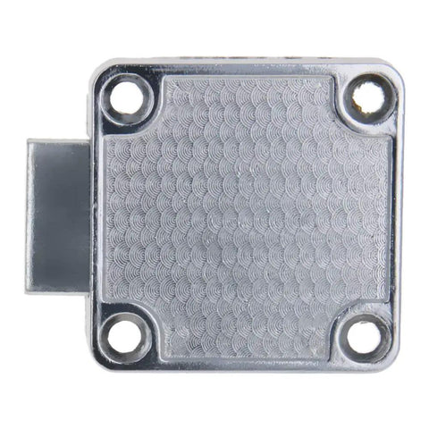Solid As A Rock Zinc Alloy Square Cabinet Lock Nickel Plated Exterior view with screw holes for quick setup in cabinets.