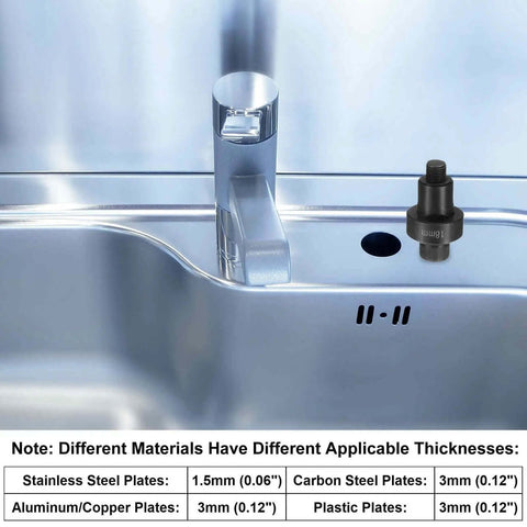 Beefy 19mm Sheet Metal Punch Hole Kit With Bearing Steel shown near stainless steel sink, demonstrating precise knockout punch use.