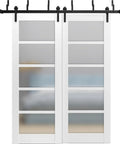 Quadro 4002 interior barn bypass sliding doors with frosted glass in white MDF 84 by 96 inches slick modern style front view