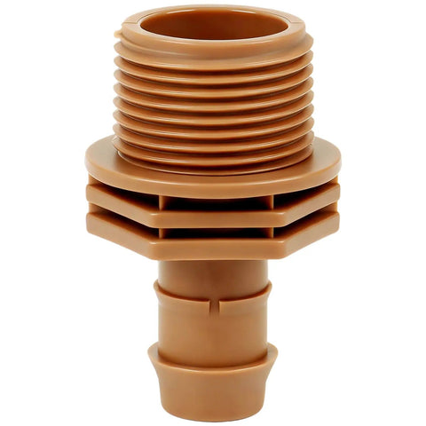 PVC To Drip Irrigation Adapter Three Quarter Inch Male Pipe Thread To One Half Inch Barbed Coupling For Drip Line And Threaded Hose Fittings Pack Of Ten Easy Install, brown PVC fitting
