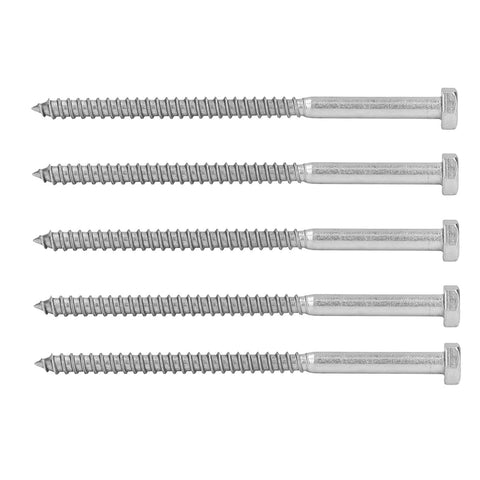 Stainless Steel Half Thread Wood Lag Bolts With Self Tapping Screws A2-70 Grade, 5 pieces shown, M8x140mm size, hex head.