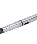 Side view of MT4 to MT3 Morse taper drill sleeve adapter in silver quenched high-speed steel.