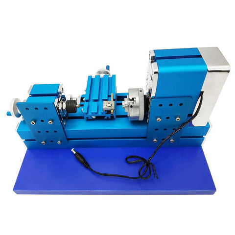 WYDDDARY Mini Metal Lathe Machine 3000RPM High-Speed Spindle With Three Jaw Chuck For Precision Hobbyist Woodworking, blue metal desktop lathe close-up view.