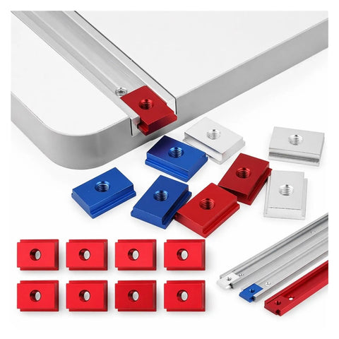 Close-up of Heavy Duty T Slot Nut Bolts And T Track Slider Fasteners For Woodworking, Premium Aluminum Alloy 8-piece set.