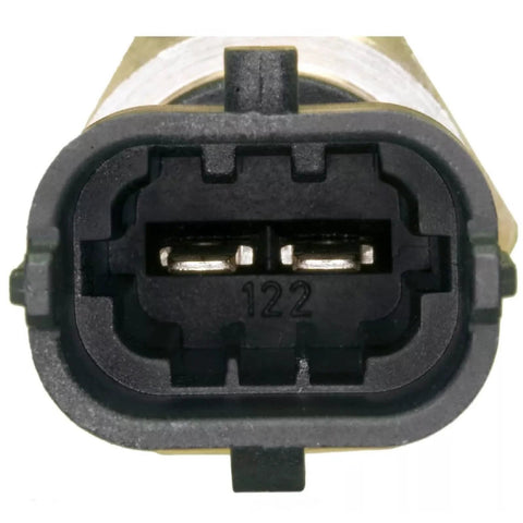 Front view of engine coolant temperature sensor connector with two metal terminals and black housing