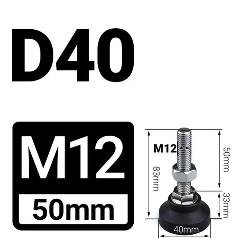 Built Tough Adjustable Leveling Feet For Lathes And Shop Gear 40mm Swivel Pivot Articulating Stands M5 To M12 with dimensions and specifications.