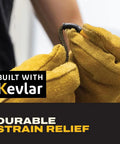 Close-up of 100W USB C To USB C Splitter Cable showing Kevlar reinforcement and yellow gloves for durable strain relief.