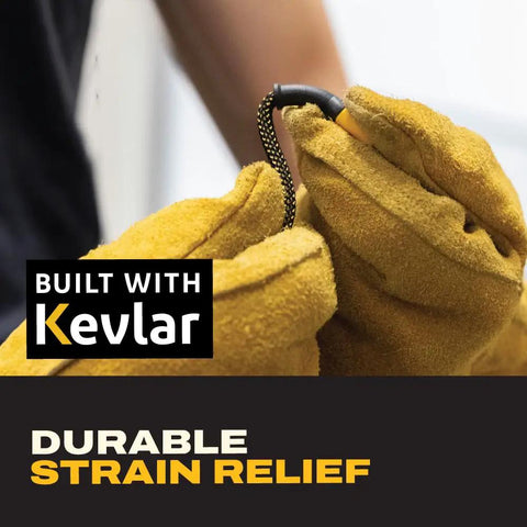 Close-up of 100W USB C To USB C Splitter Cable showing Kevlar reinforcement and yellow gloves for durable strain relief.