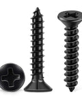 100 Pack Killer Grip Flat Head Phillips Wood Screws Black Oxide Coated Stainless Steel Fully Threaded Carpenter Hardware showing black screws.